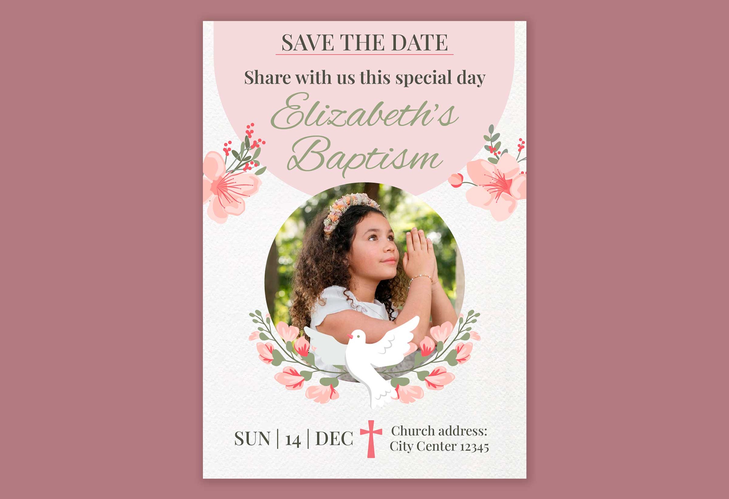 Personalizowane zaproszenie na komunię dla dziewczynki z motywem gołąbka i kwiatów w pastelowych kolorach.