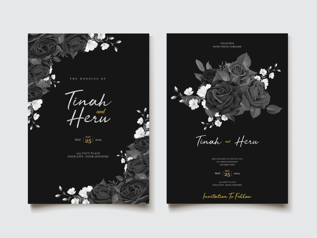 Stylowe czarne zaproszenia ślubne z białymi i szarymi kwiatami, idealne dla par ceniących luksus i minimalizm w papeterii ślubnej.