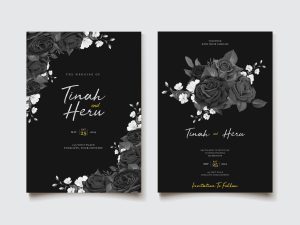 Stylowe czarne zaproszenia ślubne z białymi i szarymi kwiatami, idealne dla par ceniących luksus i minimalizm w papeterii ślubnej.