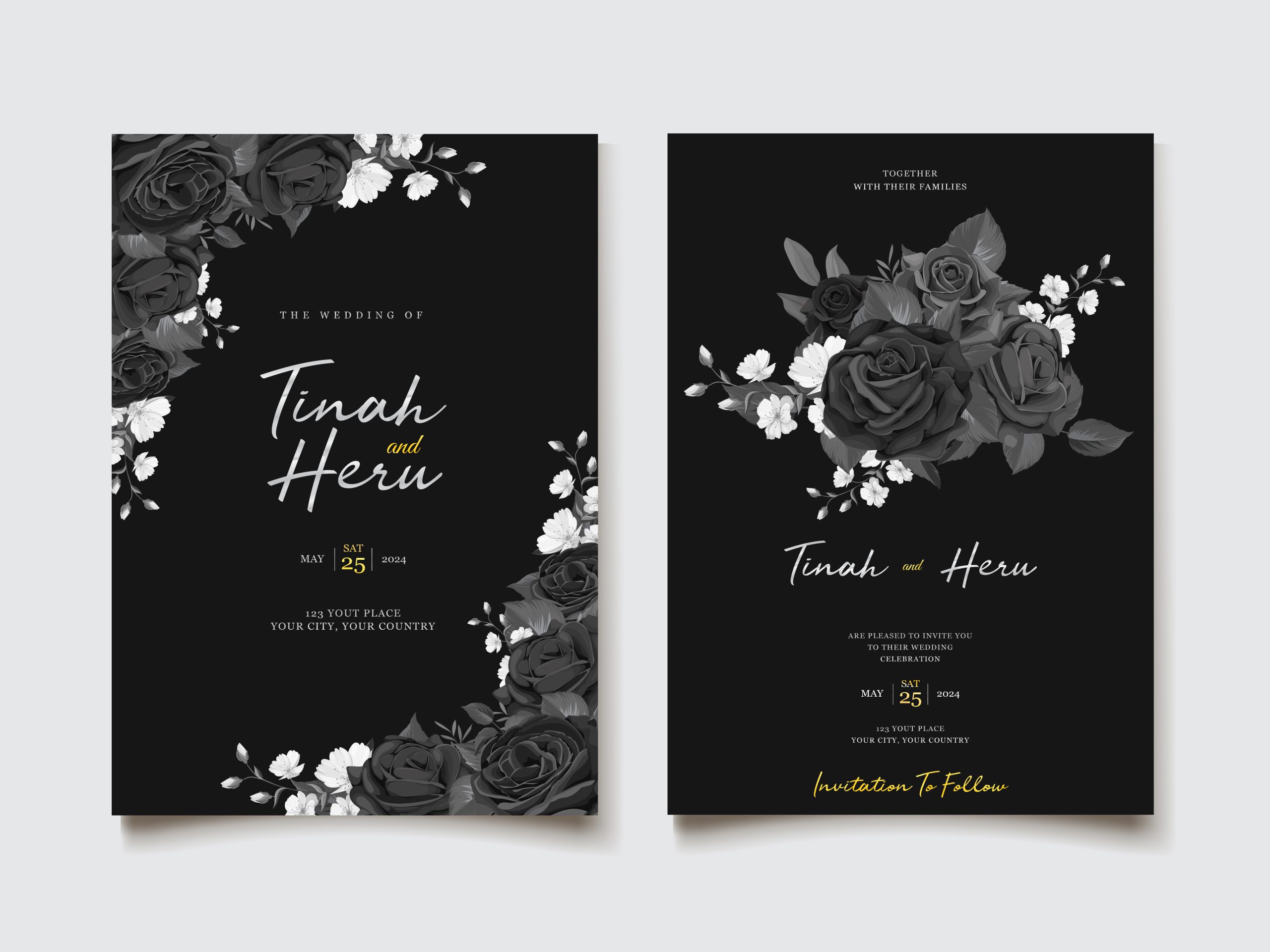 Stylowe czarne zaproszenia ślubne z białymi i szarymi kwiatami, idealne dla par ceniących luksus i minimalizm w papeterii ślubnej.