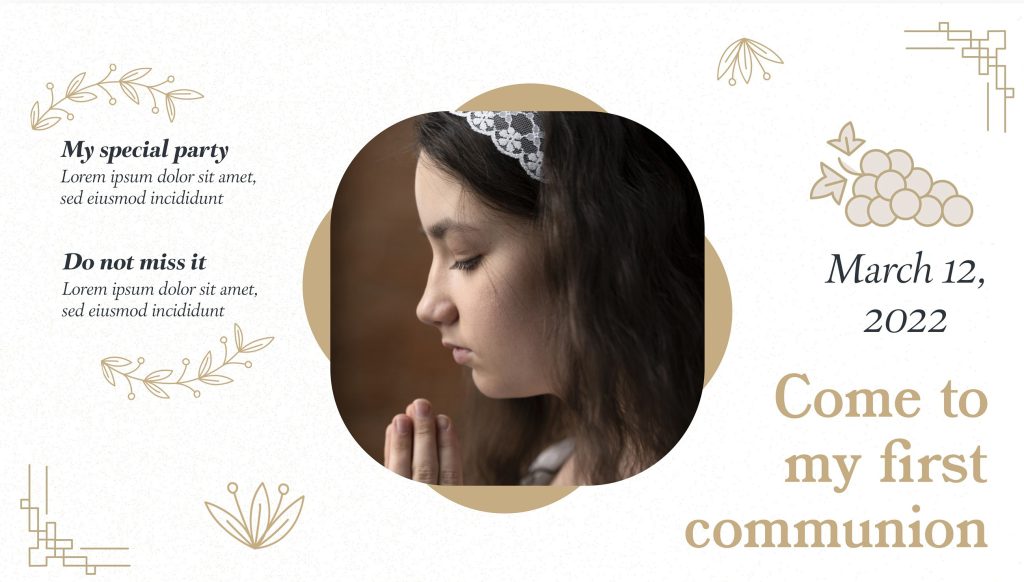 Eleganckie personalizowane zaproszenie na komunię dla dziewczynki w stylu minimalistycznym ze złotymi zdobieniami.