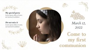 Eleganckie personalizowane zaproszenie na komunię dla dziewczynki w stylu minimalistycznym ze złotymi zdobieniami.
